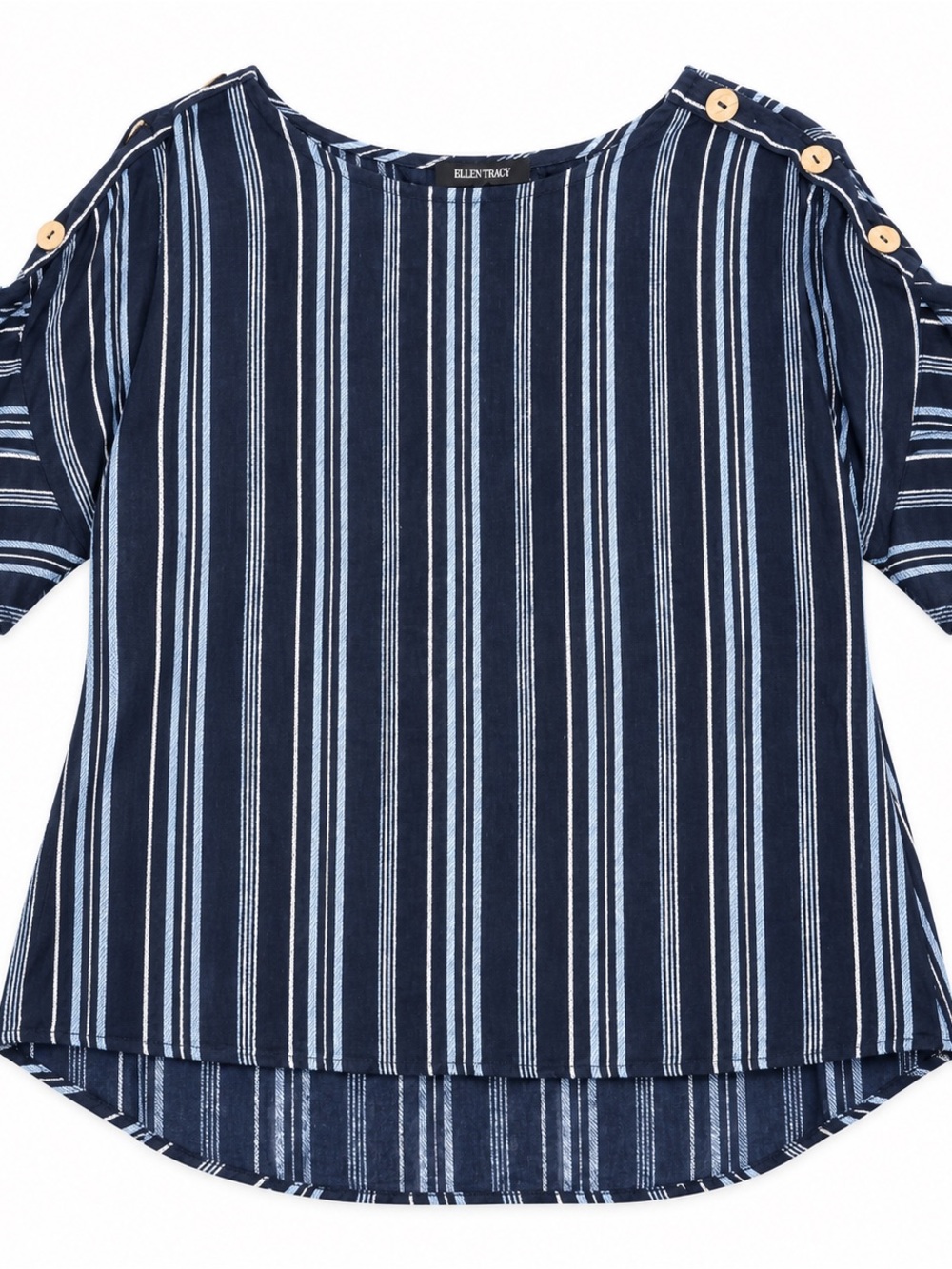 Ellen Tracy Navy and Light Blue Vertical Stripe Button-Shoulder Top